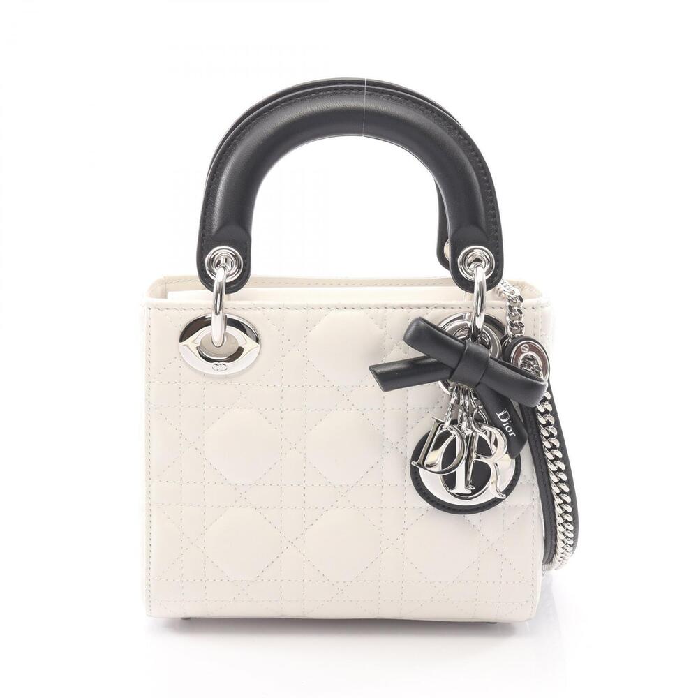 Christian Dior Lady Cannage Handbag Leather Black White